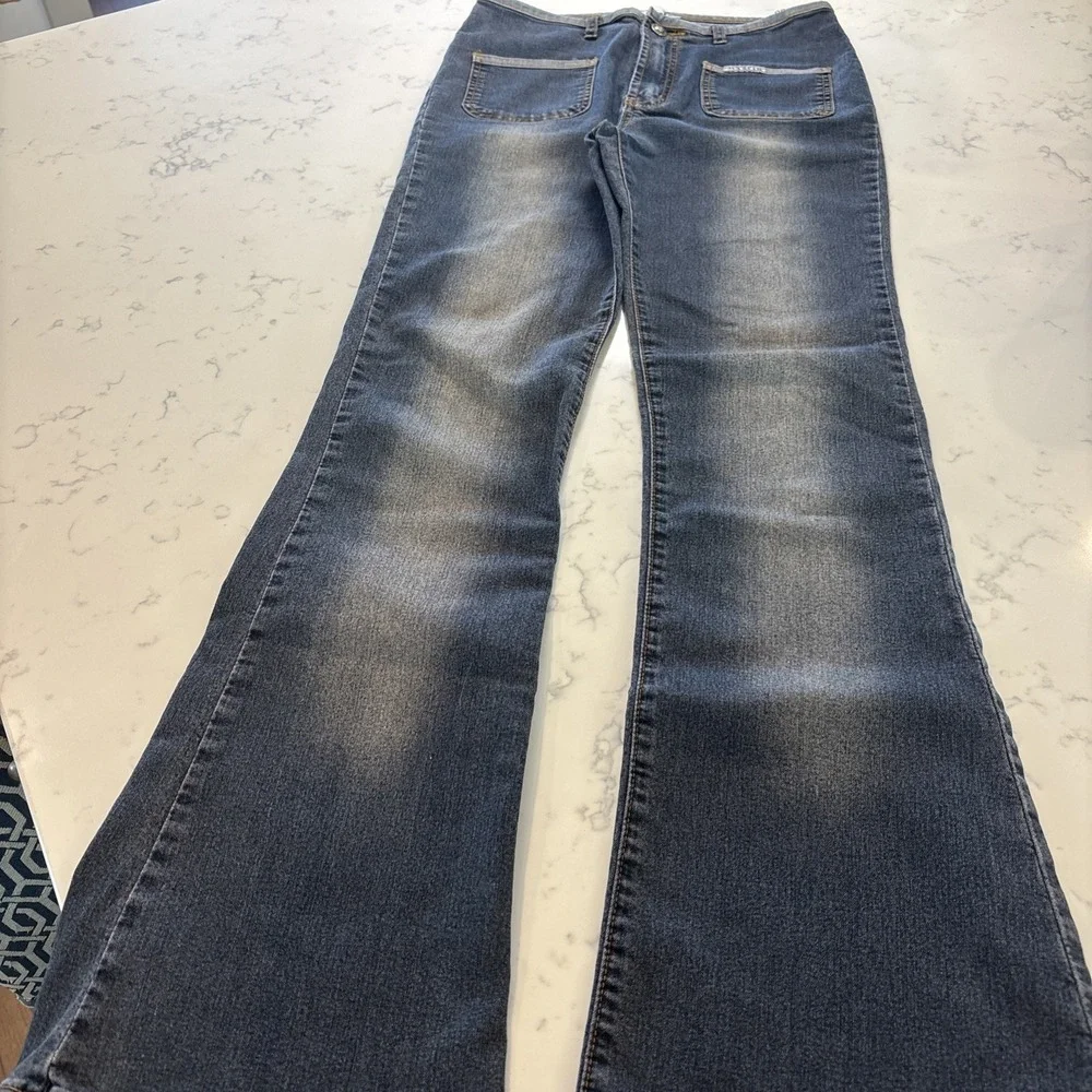 VTG Mastik 90s‎ Y2K Low Rise Flare Jeans Unique Waist Boho Hipster Womens Sz 30